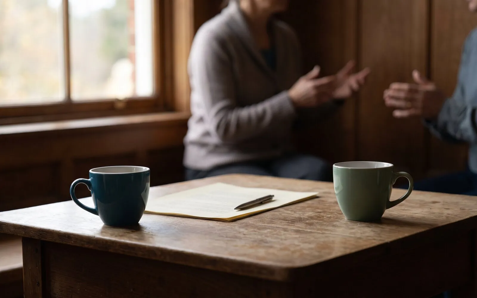 Two coffee cups facing each other on a table with a document between them