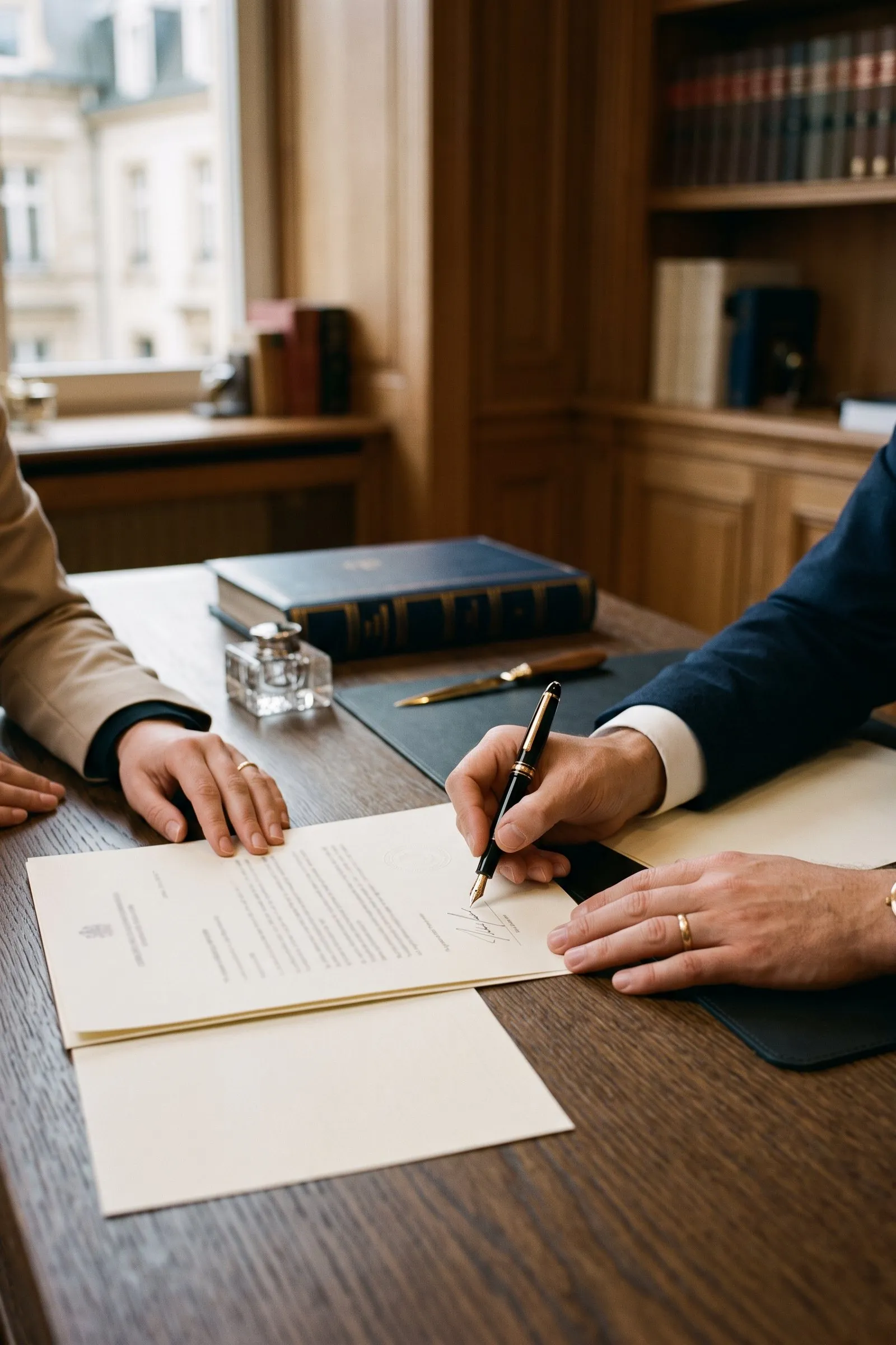 Hands signing a document at a desk
