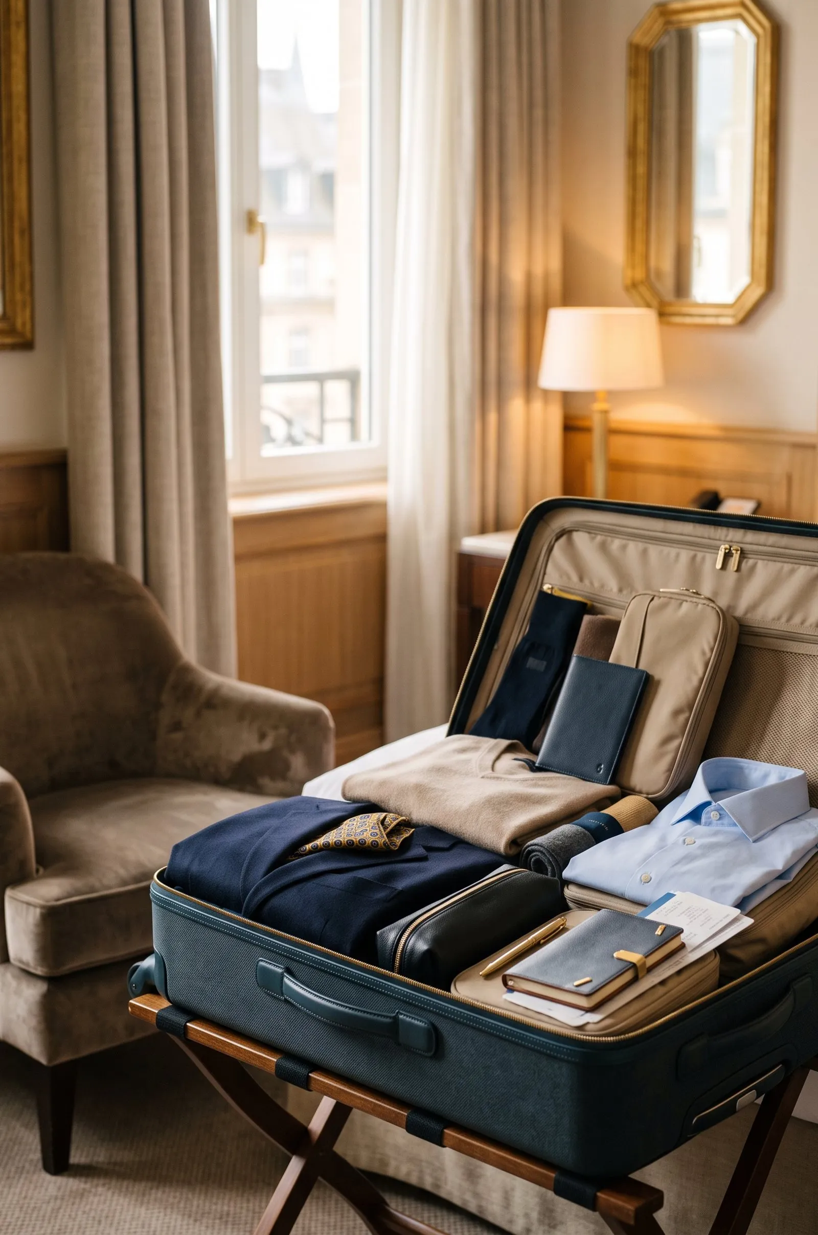 An open suitcase packed for departure