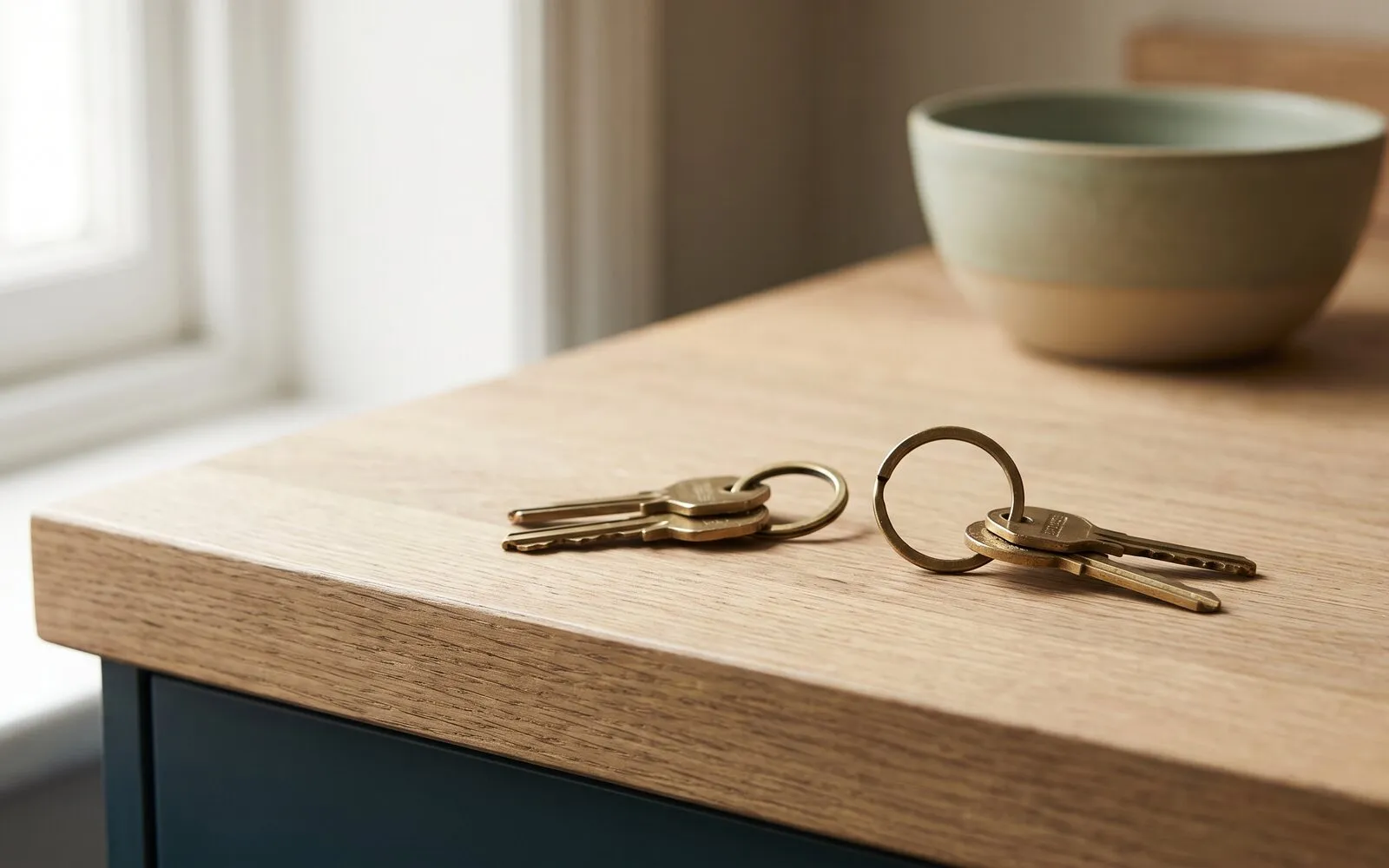 Deux trousseaux de clés posés sur un plan de travail en bois clair